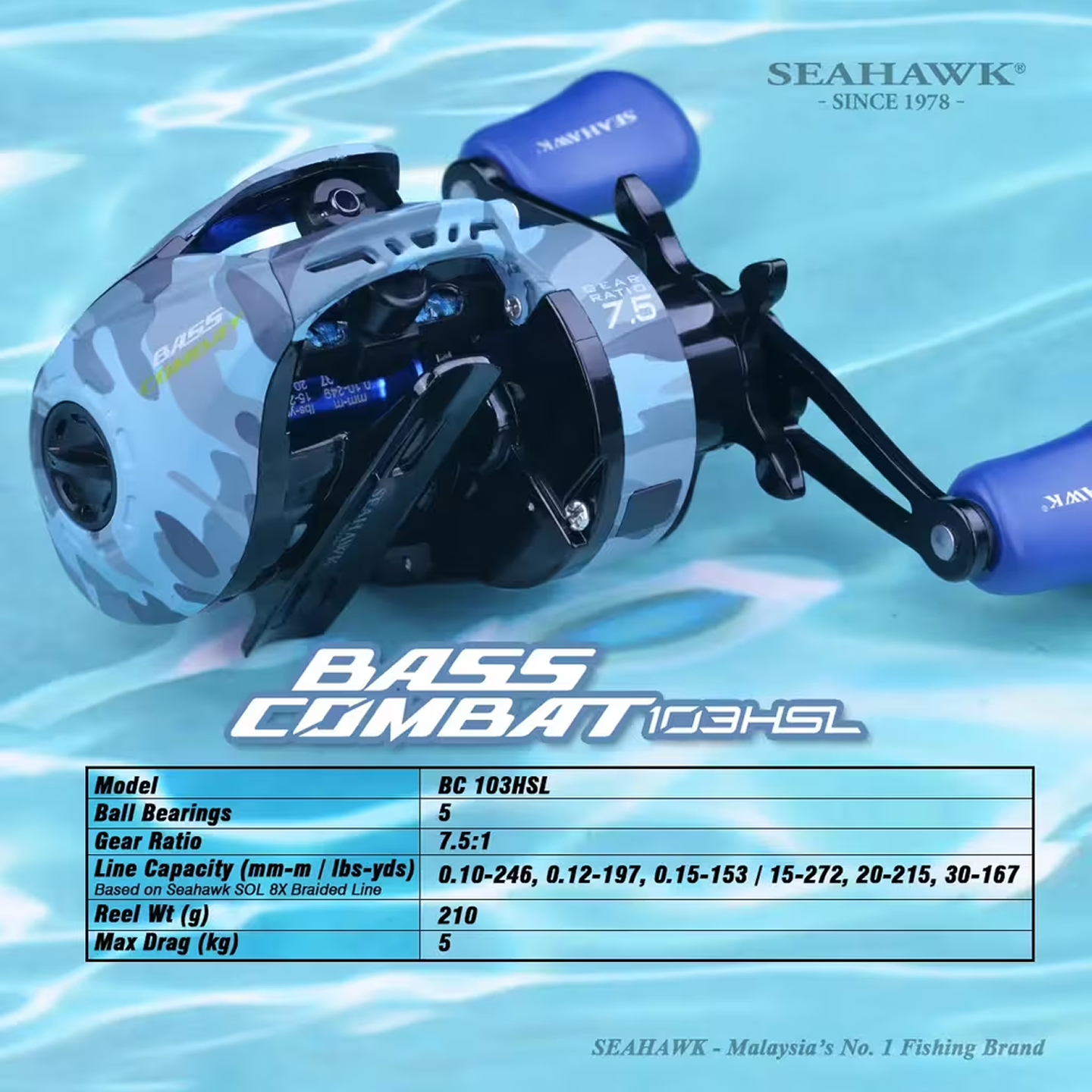 BASS COMBAT 103HSL CAMO GREEN GR:7.5.1 BAITCASTING REEL (FOC CAMO CAP)